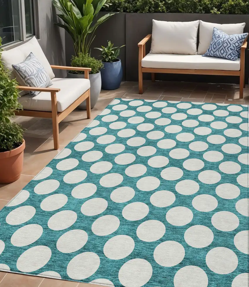 Teal Blue And Ivory Polka Dot Washable Indoor Outdoor Area Rug Photo 1