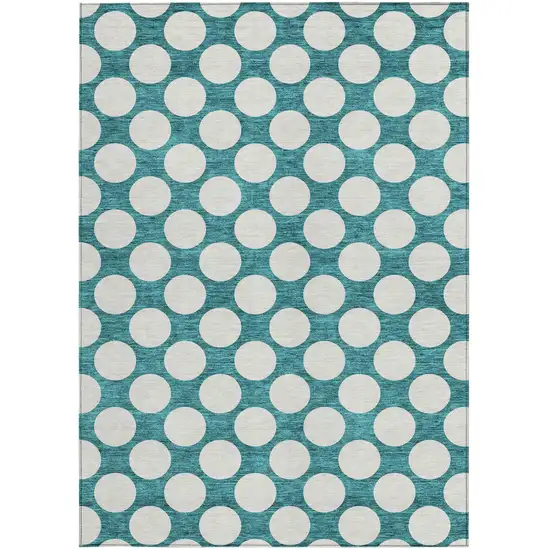 Teal Blue And Ivory Polka Dot Washable Indoor Outdoor Area Rug Photo 7