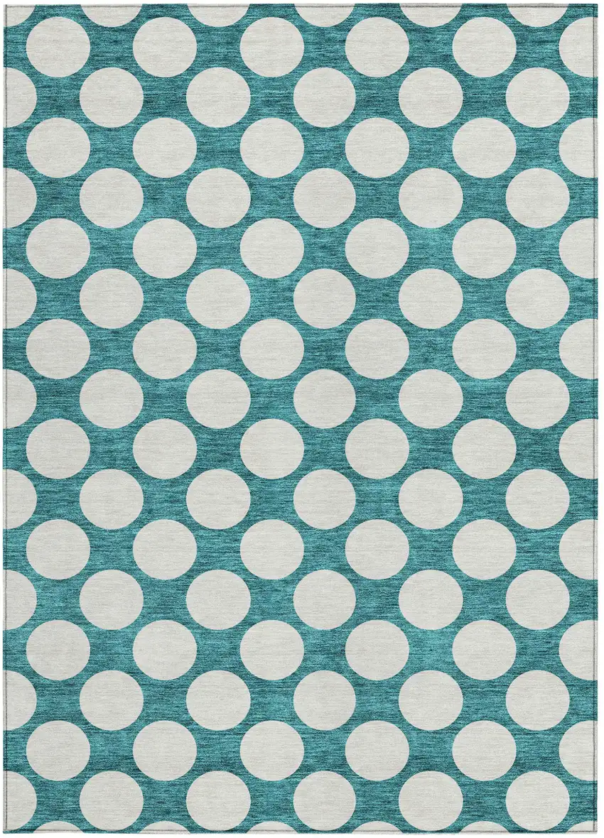 Teal Blue And Ivory Polka Dot Washable Indoor Outdoor Area Rug Photo 7