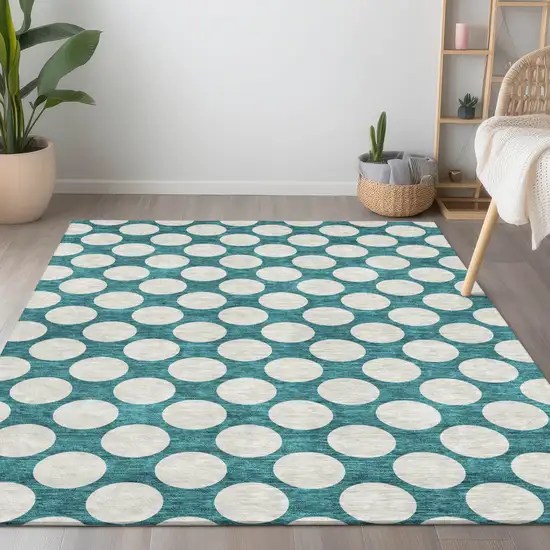 Teal Blue And Ivory Polka Dot Washable Indoor Outdoor Area Rug Photo 9