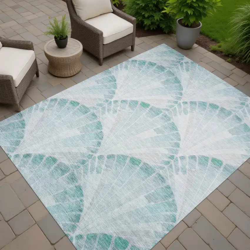 Teal Blue And Ivory Seashell Washable Indoor Outdoor Area Rug Photo 7