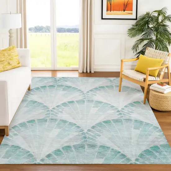 Teal Blue And Ivory Seashell Washable Indoor Outdoor Area Rug Photo 5