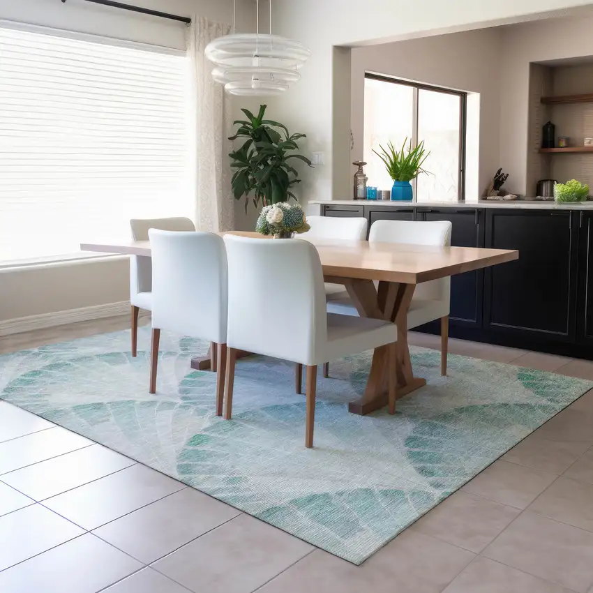 Teal Blue And Ivory Seashell Washable Indoor Outdoor Area Rug Photo 6