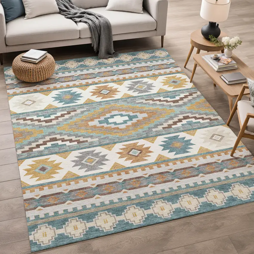 Teal Blue And Ivory Southwestern Washable Indoor Outdoor Area Rug Photo 5
