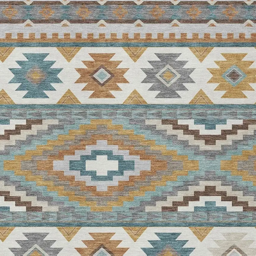 Teal Blue And Ivory Southwestern Washable Indoor Outdoor Area Rug Photo 2