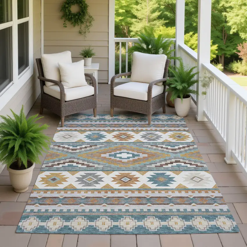 Teal Blue And Ivory Southwestern Washable Indoor Outdoor Area Rug Photo 7