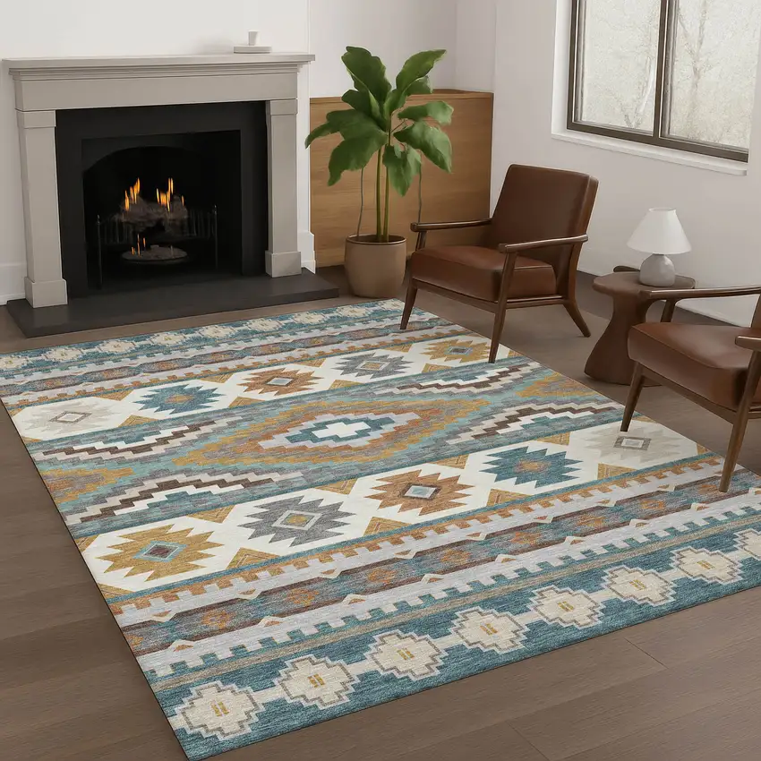 Teal Blue And Ivory Southwestern Washable Indoor Outdoor Area Rug Photo 6