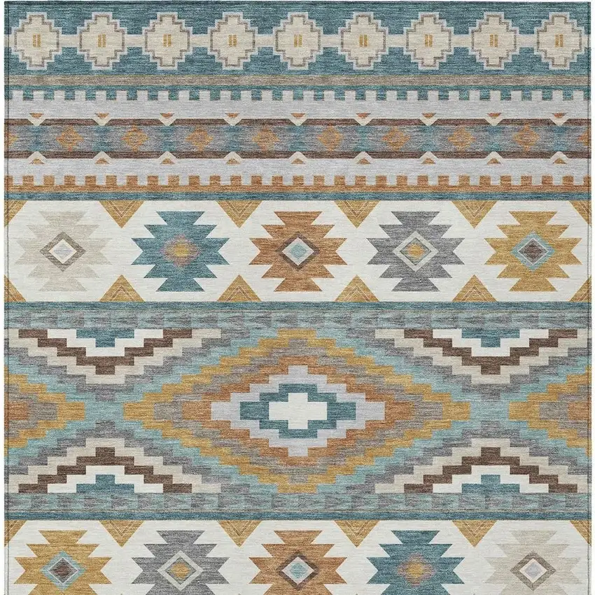 Teal Blue And Ivory Southwestern Washable Indoor Outdoor Area Rug Photo 3