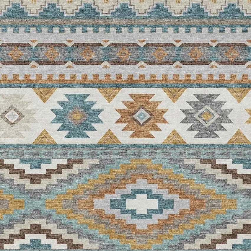 Teal Blue And Ivory Southwestern Washable Indoor Outdoor Area Rug Photo 2