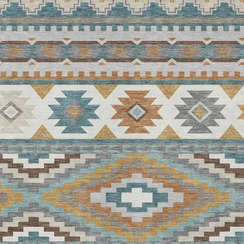 Teal Blue And Ivory Southwestern Washable Indoor Outdoor Area Rug Photo 2
