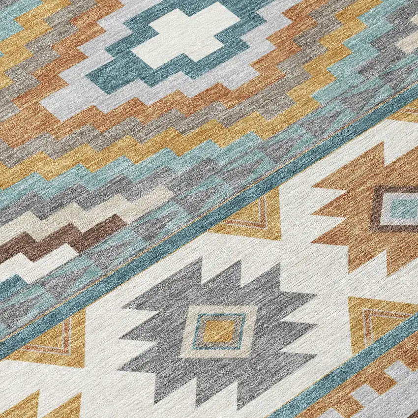 Teal Blue And Ivory Southwestern Washable Indoor Outdoor Area Rug Photo 9