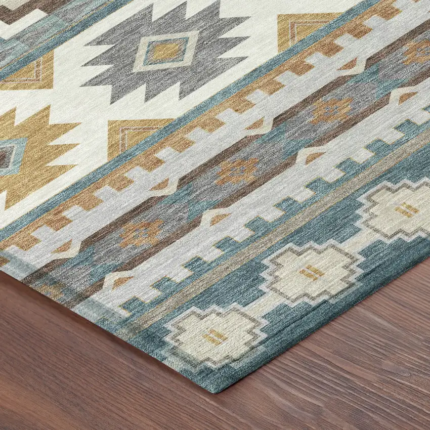 Teal Blue And Ivory Southwestern Washable Indoor Outdoor Area Rug Photo 8