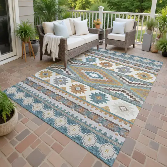 Teal Blue And Ivory Southwestern Washable Indoor Outdoor Area Rug Photo 4