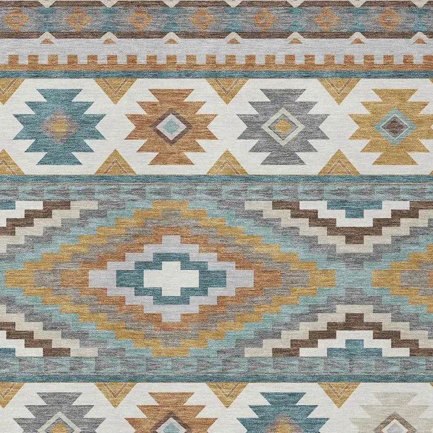 Teal Blue And Ivory Southwestern Washable Indoor Outdoor Area Rug Photo 2