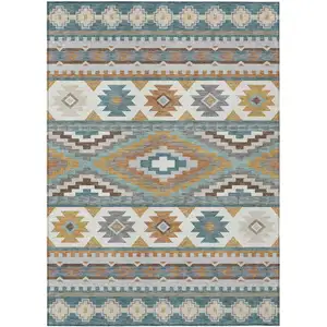 Photo of Teal Blue And Ivory Southwestern Washable Indoor Outdoor Area Rug