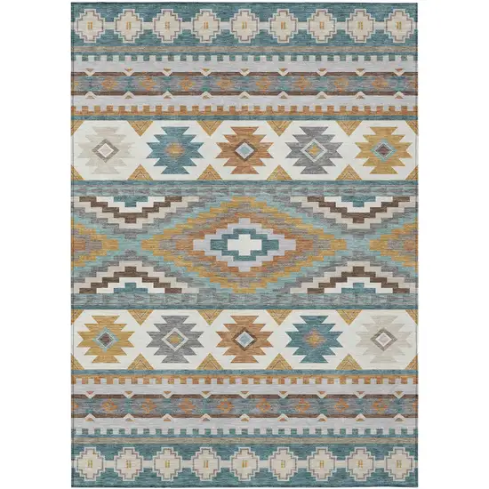 Teal Blue And Ivory Southwestern Washable Indoor Outdoor Area Rug Photo 1