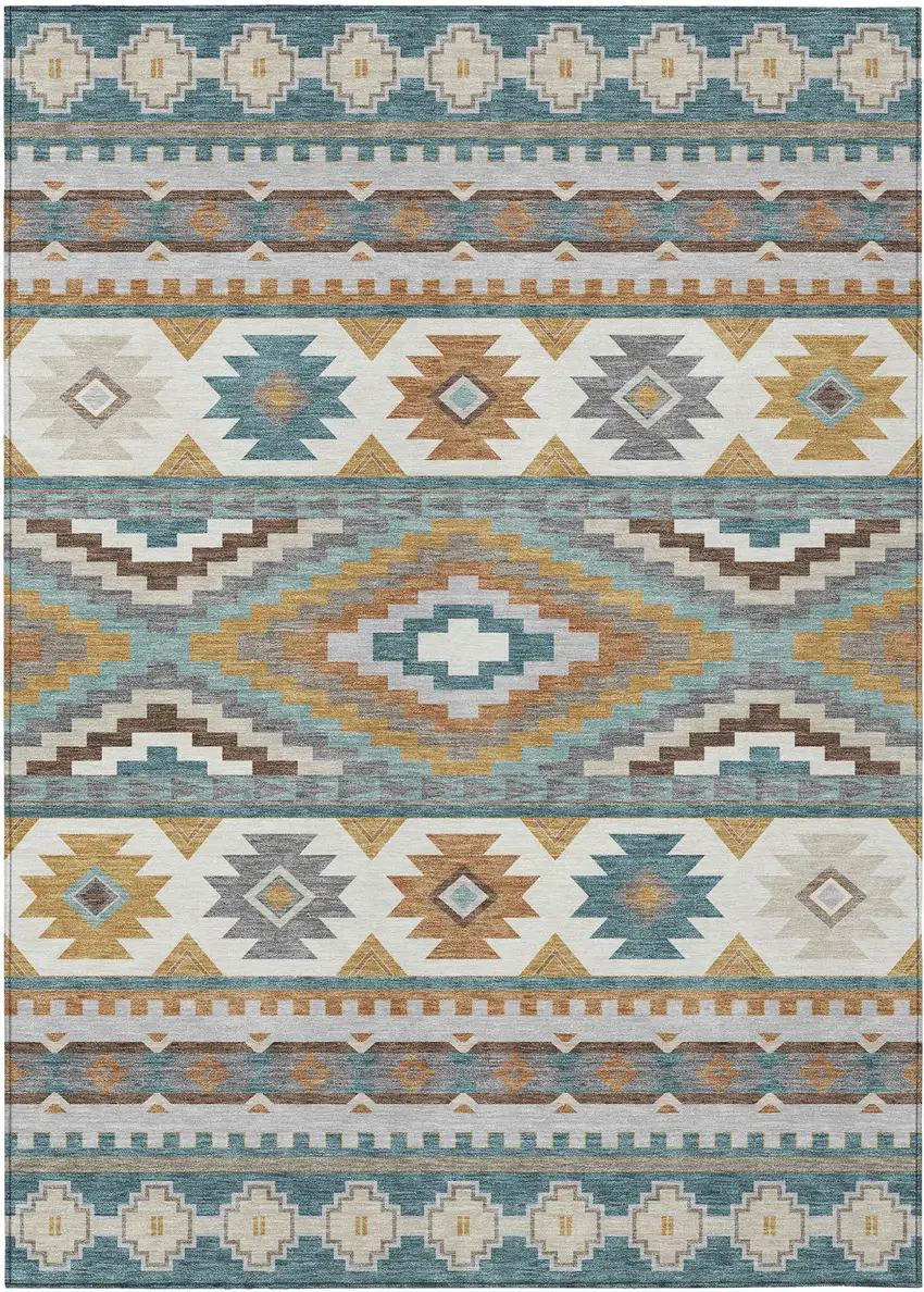 Teal Blue And Ivory Southwestern Washable Indoor Outdoor Area Rug Photo 1