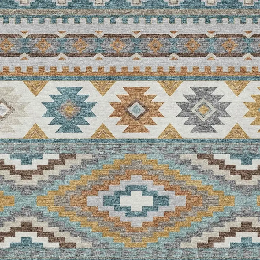 Teal Blue And Ivory Southwestern Washable Indoor Outdoor Area Rug Photo 2