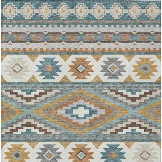 Teal Blue And Ivory Southwestern Washable Indoor Outdoor Area Rug Photo 3