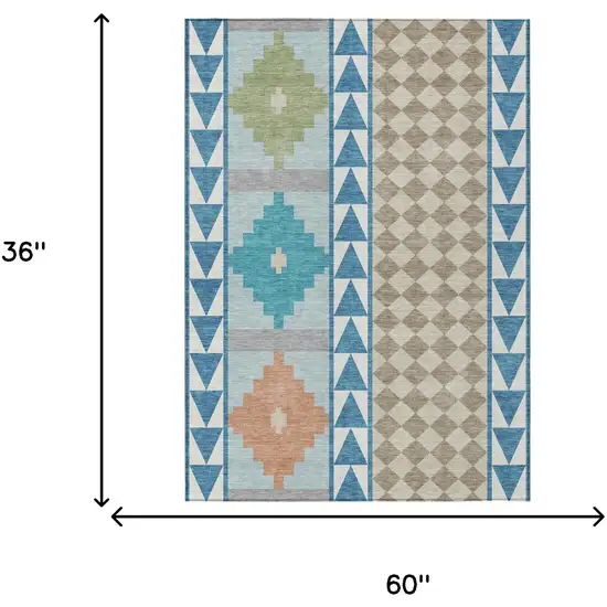 Teal Blue And Ivory Southwestern Washable Indoor Outdoor Area Rug Photo 7