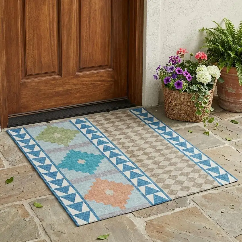 Teal Blue And Ivory Southwestern Washable Indoor Outdoor Area Rug Photo 1