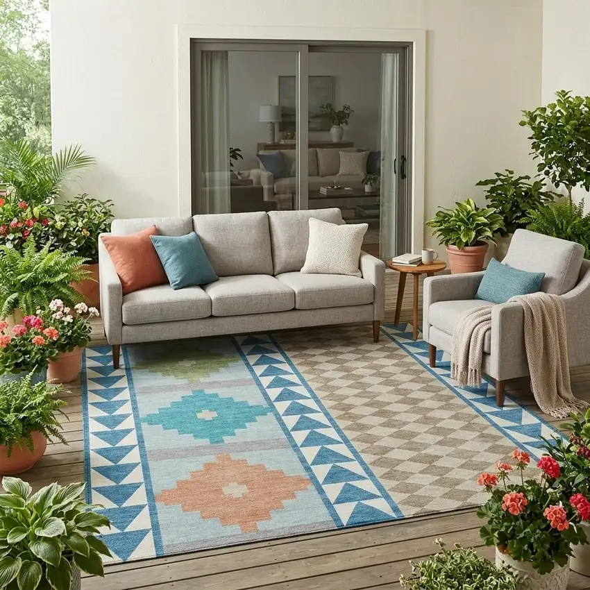 Teal Blue And Ivory Southwestern Washable Indoor Outdoor Area Rug Photo 1