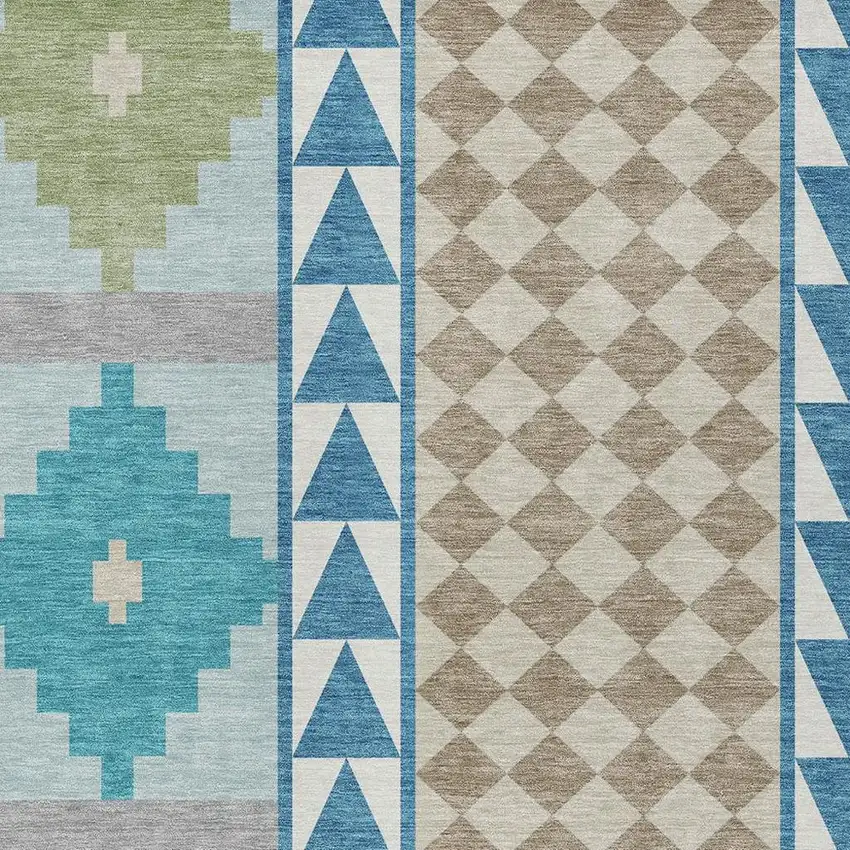 Teal Blue And Ivory Southwestern Washable Indoor Outdoor Area Rug Photo 3
