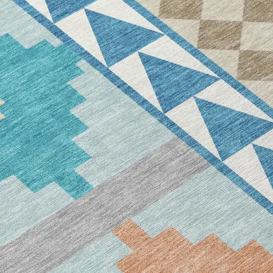 Teal Blue And Ivory Southwestern Washable Indoor Outdoor Area Rug Photo 6