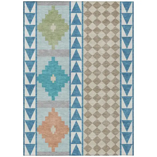 Teal Blue And Ivory Southwestern Washable Indoor Outdoor Area Rug Photo 2