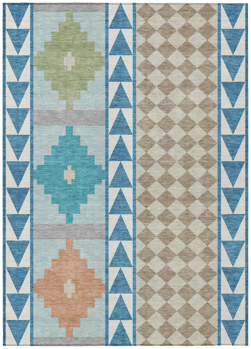 Teal Blue And Ivory Southwestern Washable Indoor Outdoor Area Rug Photo 2