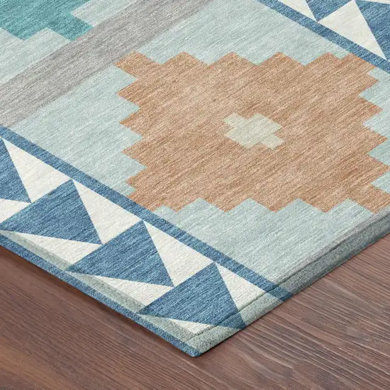 Teal Blue And Ivory Southwestern Washable Indoor Outdoor Area Rug Photo 5