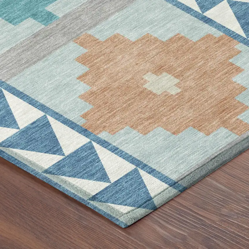 Teal Blue And Ivory Southwestern Washable Indoor Outdoor Area Rug Photo 5