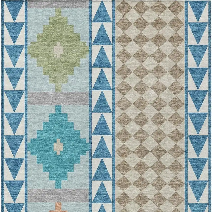 Teal Blue And Ivory Southwestern Washable Indoor Outdoor Area Rug Photo 4