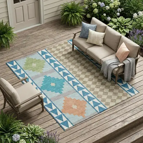 Teal Blue And Ivory Southwestern Washable Indoor Outdoor Area Rug Photo 1