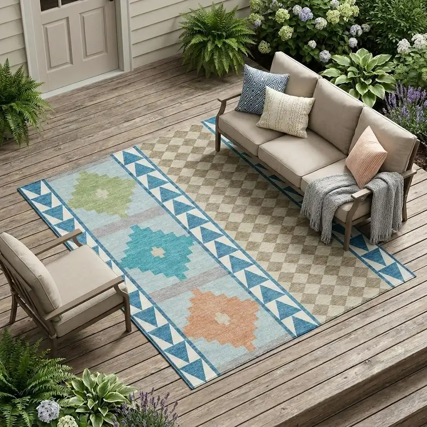 Teal Blue And Ivory Southwestern Washable Indoor Outdoor Area Rug Photo 1
