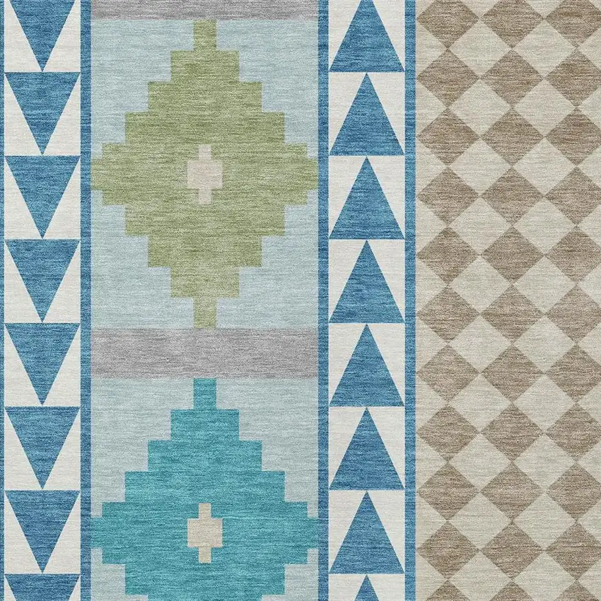 Teal Blue And Ivory Southwestern Washable Indoor Outdoor Area Rug Photo 3