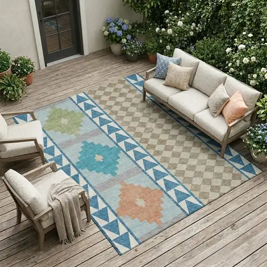 Teal Blue And Ivory Southwestern Washable Indoor Outdoor Area Rug Photo 1