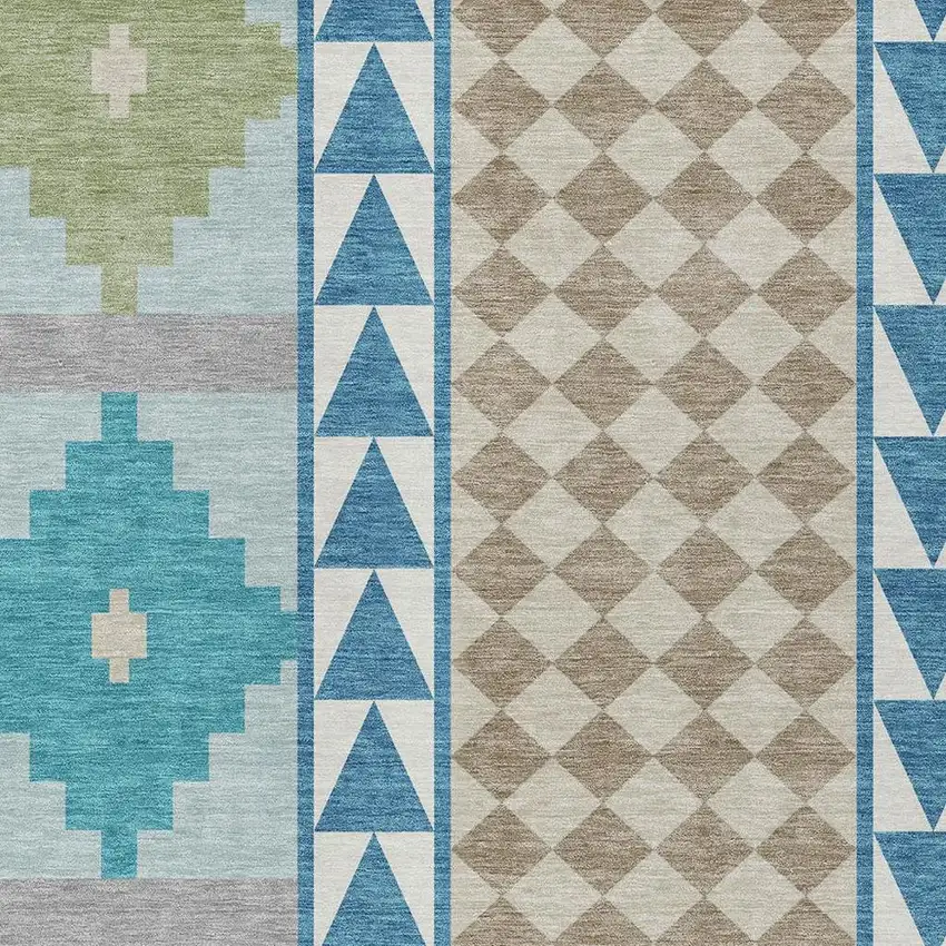 Teal Blue And Ivory Southwestern Washable Indoor Outdoor Area Rug Photo 3