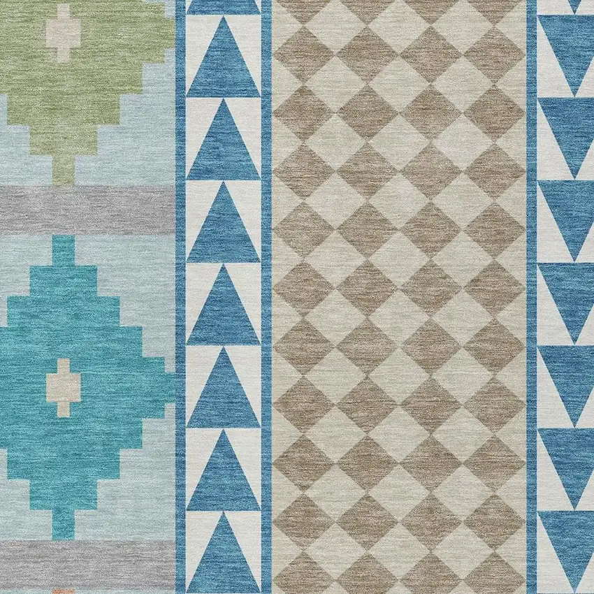 Teal Blue And Ivory Southwestern Washable Indoor Outdoor Area Rug Photo 3