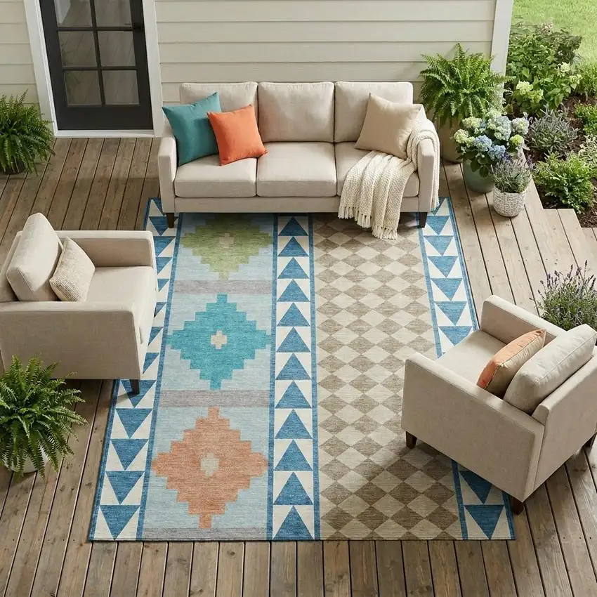 Teal Blue And Ivory Southwestern Washable Indoor Outdoor Area Rug Photo 1