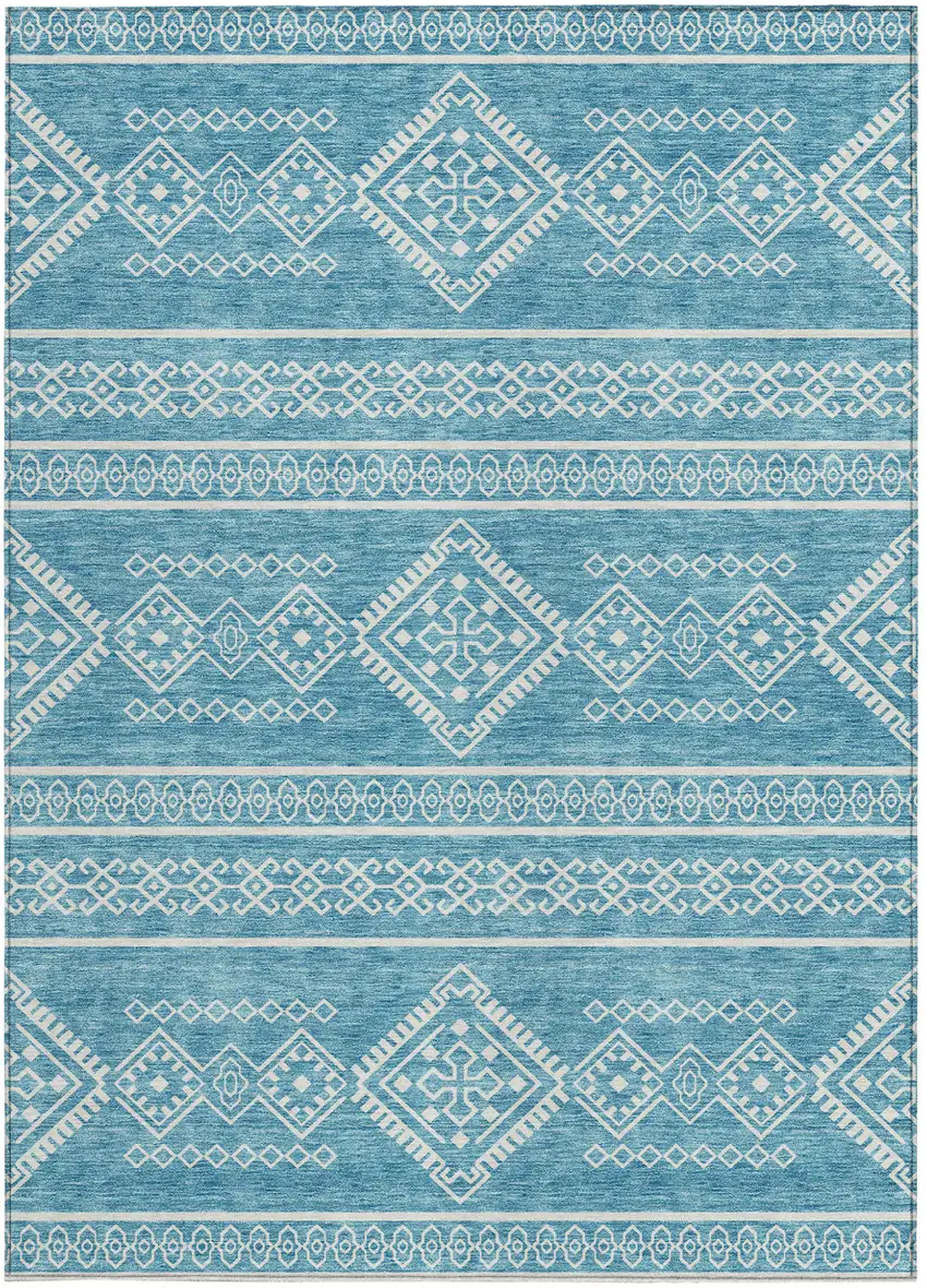 Teal Blue And Ivory Southwestern Washable Indoor Outdoor Area Rug Photo 7