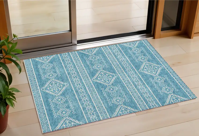 Teal Blue And Ivory Southwestern Washable Indoor Outdoor Area Rug Photo 1