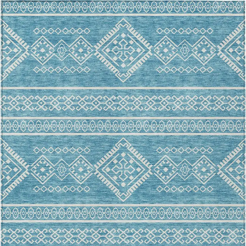 Teal Blue And Ivory Southwestern Washable Indoor Outdoor Area Rug Photo 6
