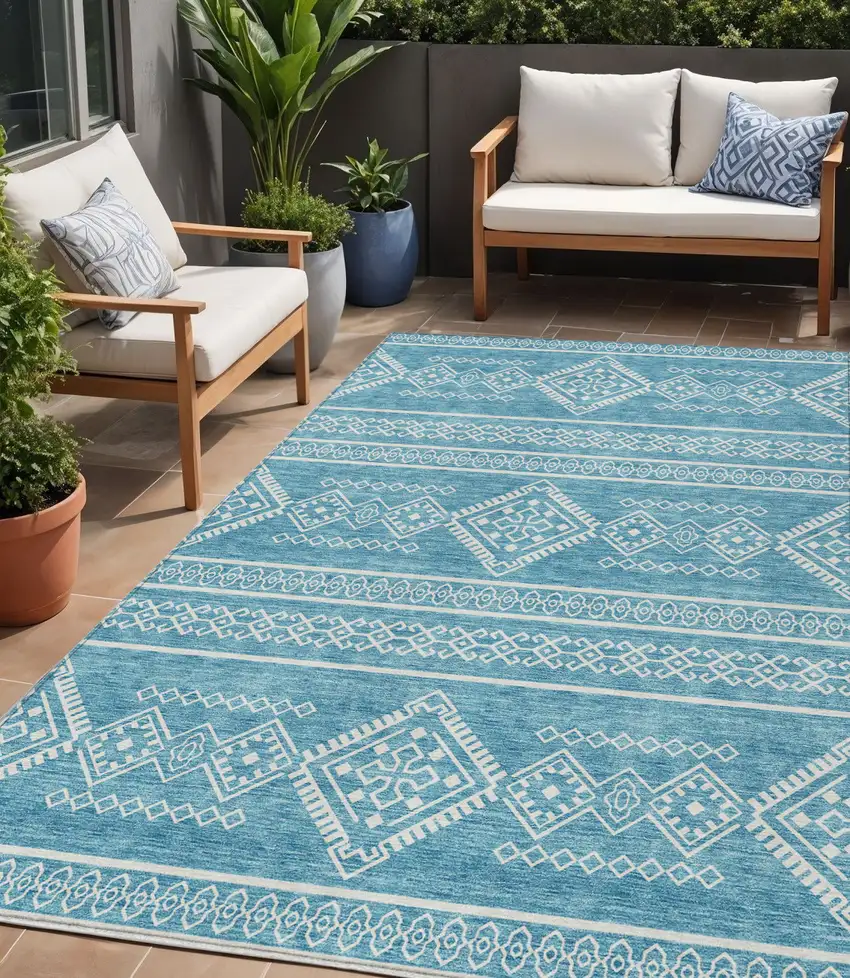 Teal Blue And Ivory Southwestern Washable Indoor Outdoor Area Rug Photo 1