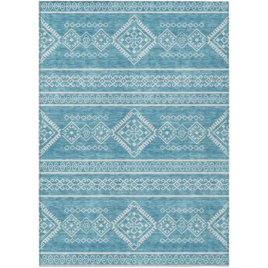 Teal Blue And Ivory Southwestern Washable Indoor Outdoor Area Rug Photo 2