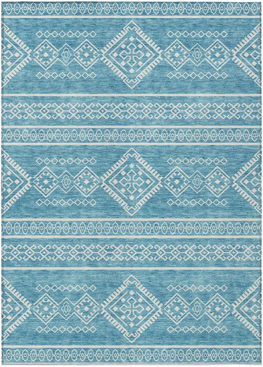 Teal Blue And Ivory Southwestern Washable Indoor Outdoor Area Rug Photo 2