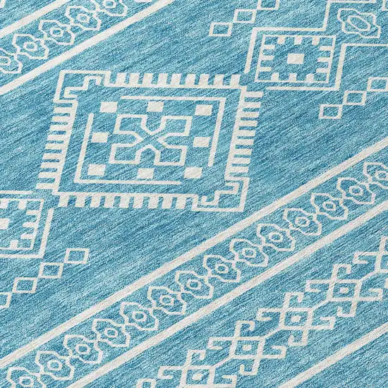 Teal Blue And Ivory Southwestern Washable Indoor Outdoor Area Rug Photo 5
