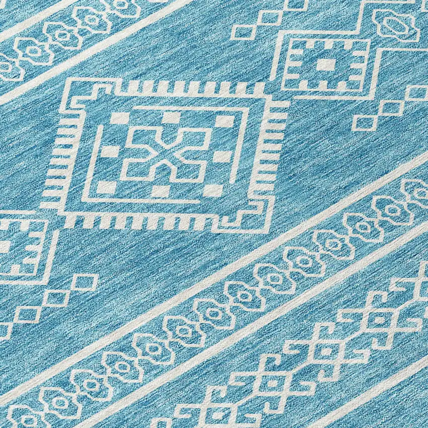 Teal Blue And Ivory Southwestern Washable Indoor Outdoor Area Rug Photo 5