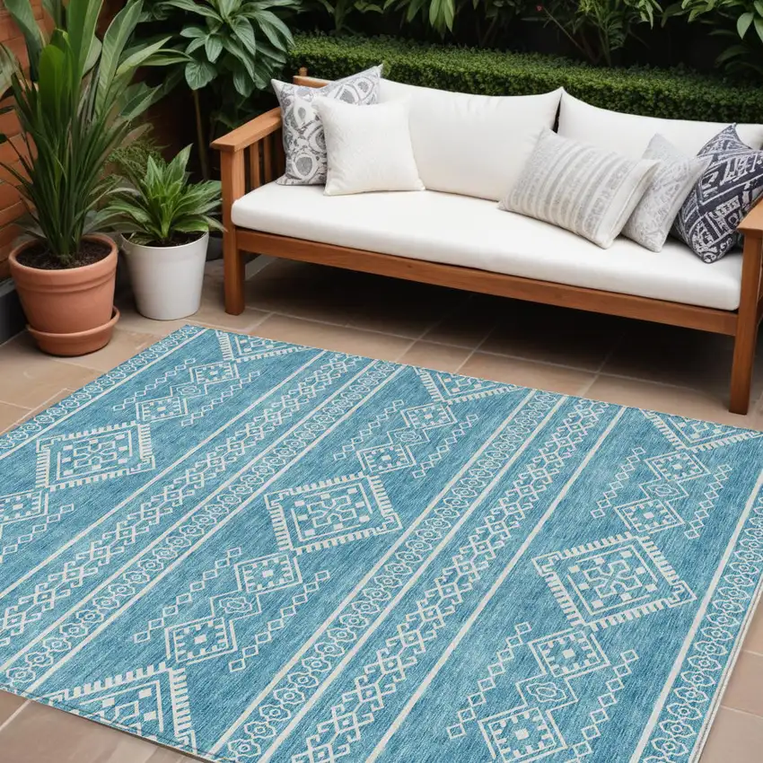 Teal Blue And Ivory Southwestern Washable Indoor Outdoor Area Rug Photo 1