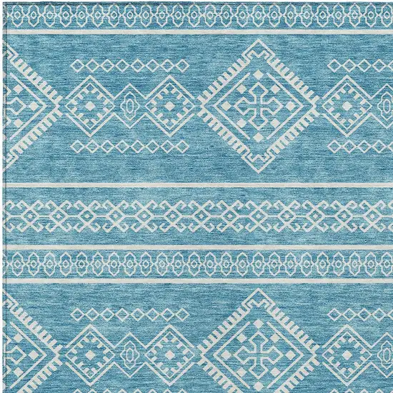 Teal Blue And Ivory Southwestern Washable Indoor Outdoor Area Rug Photo 6